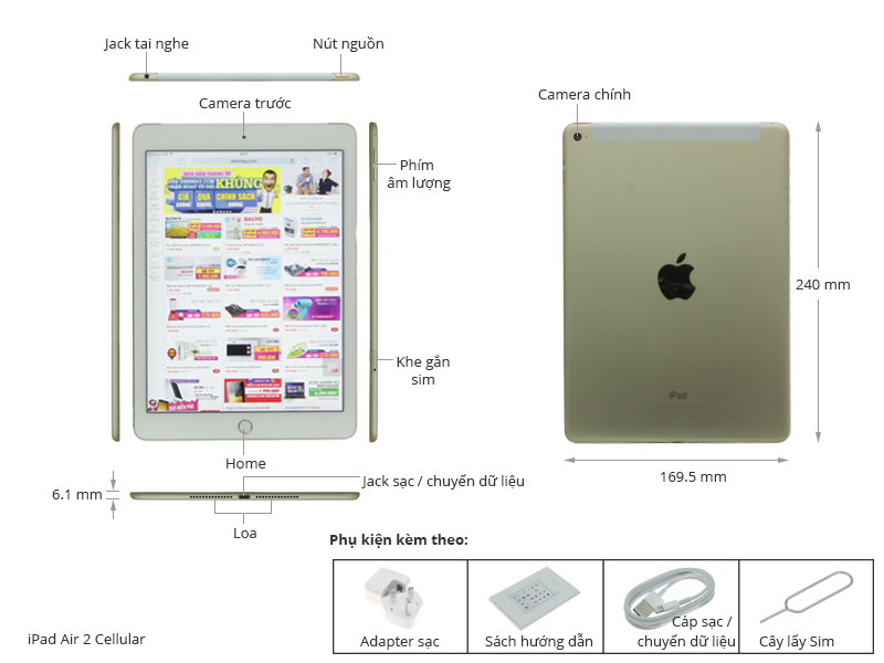 Thông số kỹ thuật Máy tính bảng iPad Air 2 Cellular 64GB