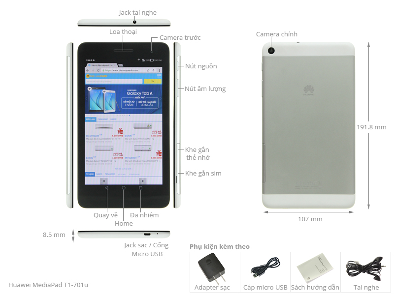 Thông số kỹ thuật Máy tính bảng Huawei MediaPad T1-701u