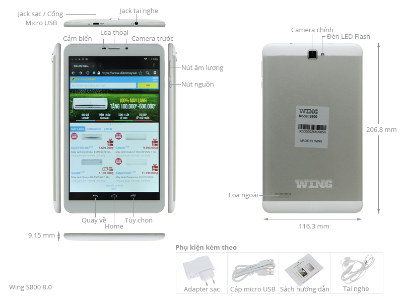 Thông số kỹ thuật Máy tính bảng Wing S800 8.0