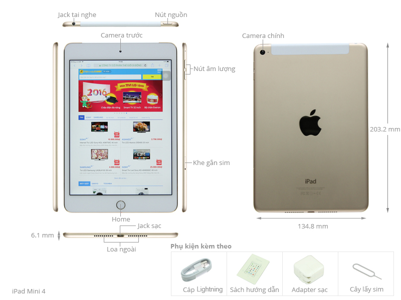 Thông số kỹ thuật Máy tính bảng iPad Mini 4 Wifi Cellular 16GB