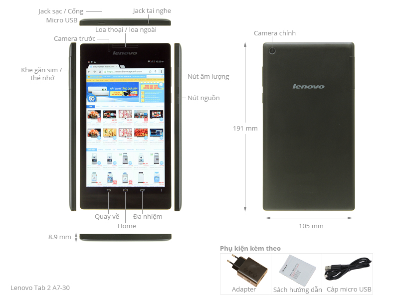 Thông số kỹ thuật Máy tính bảng Lenovo Tab 2 A7-30
