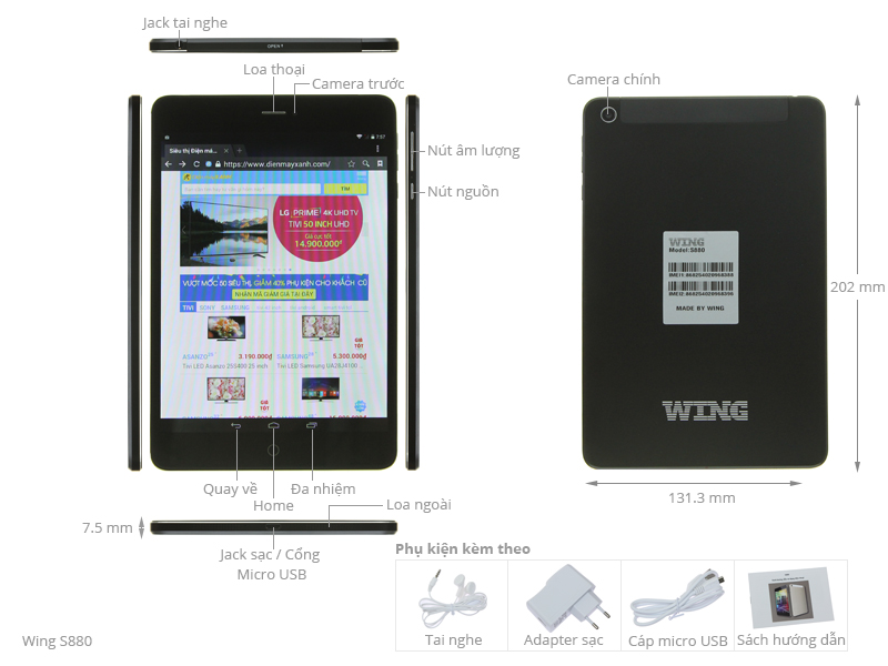 Thông số kỹ thuật Máy tính bảng Wing S880
