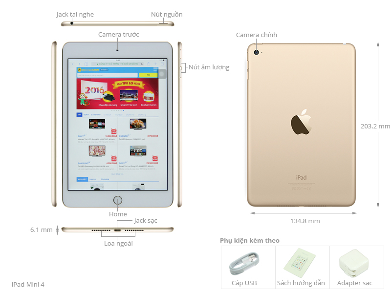 Thông số kỹ thuật Máy tính bảng iPad Mini 4 Wifi 64GB