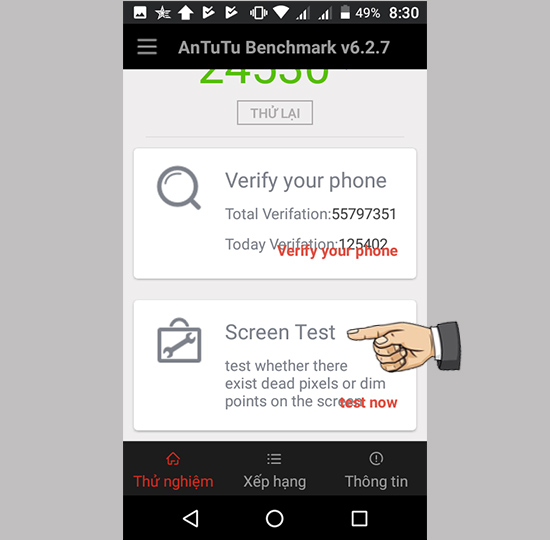 mở lên chọn Sreen test