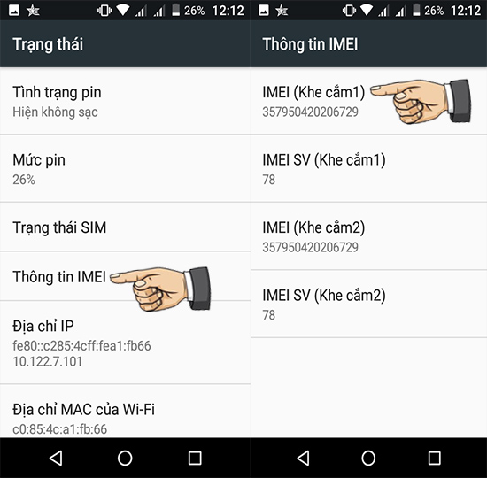 chọn Thông tin IMEI để kiểm tra IMEI.