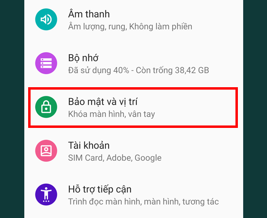 Bước 2: Chọn Bảo mật và vị trí.