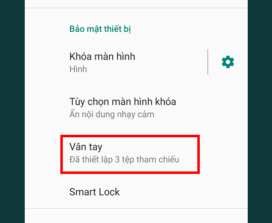 Bước 3: Tại đây, bạn chọn vào mục Vân tay.