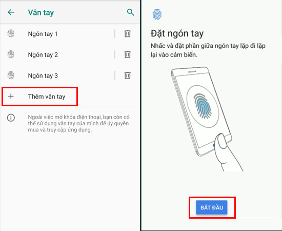 Bước 4: Hãy Thêm vân tay của bạn. Chọn BẮT ĐẦU và thiết lập theo hướng dẫn.