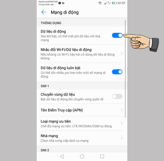Bước 1: Vào cài đặt > Khác > Mạng di động > bật dữ liệu di động.