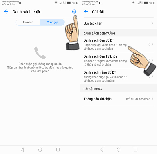 Bước 3: Chọn biểu tượng cài đặt và chọn Danh sách đen số ĐT