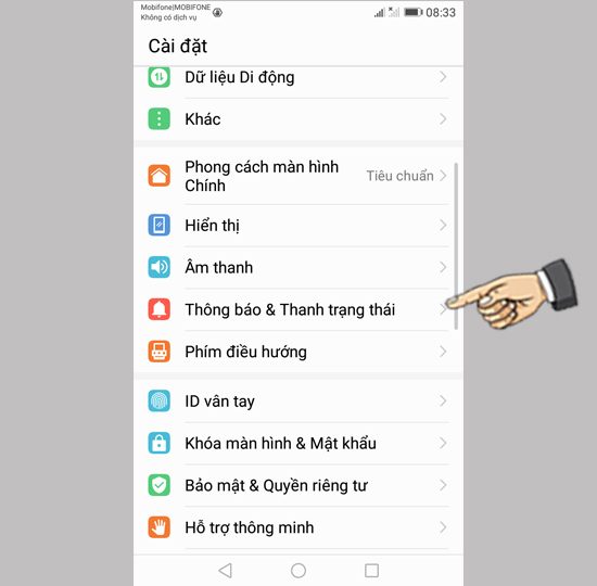 chọn Thông báo và thanh trạng thái