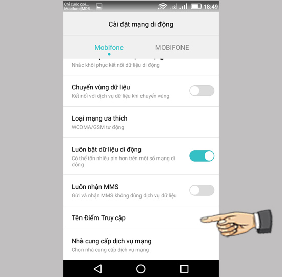 Bước 3: Chọn Tên điểm truy cập(APN)