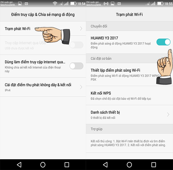 Chọn và bật Điểm phát wifi di động