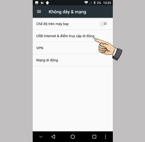 Bước 2: Chọn USB internet&điểm truy cập di động