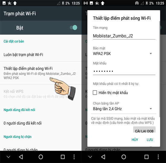 Bước 4 : Chọn Thiết lập điểm phát sóng wifi để thay đổi tên wifi và mật khẩu sau đó lưu lại.