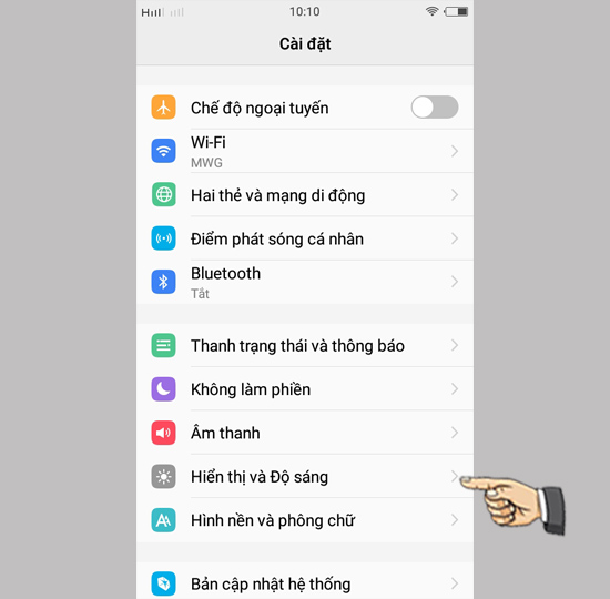 chọn Hiển thị và độ sáng