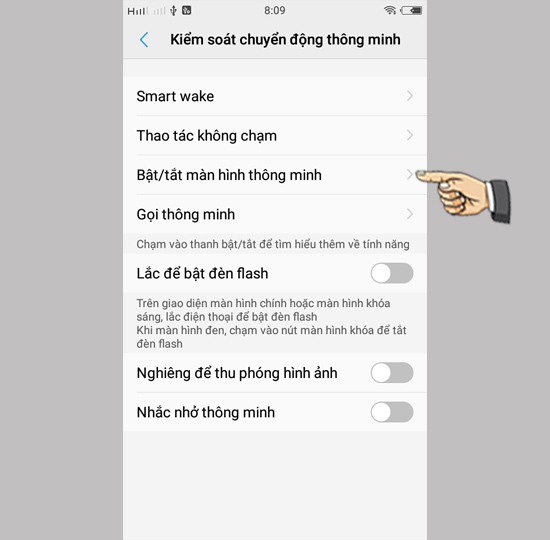 Bước 2: Chọn Bật/tắt màn hình thông minh