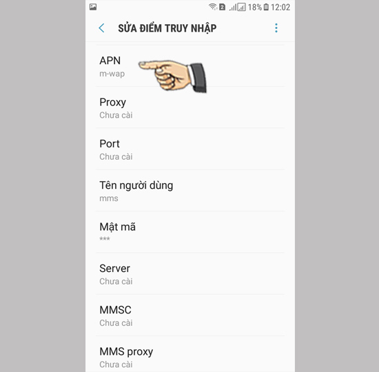 Bước 6: Nhập thông số APN nhà mạng đang dùng.