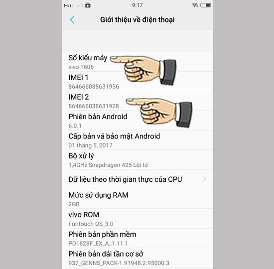 Bước 3: Thông tin kiểu máy và IMEI máy.