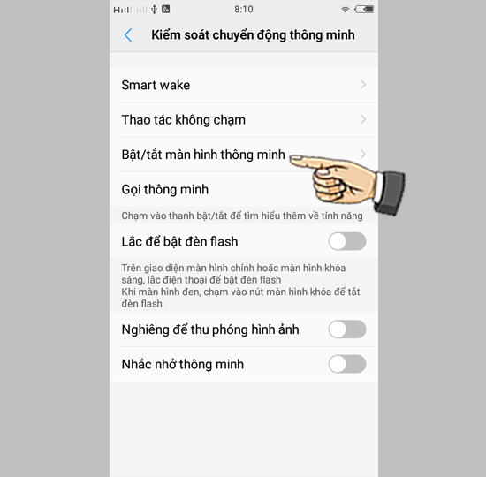 Bước 2: Chọn Bật/tắt màn hình thông minh