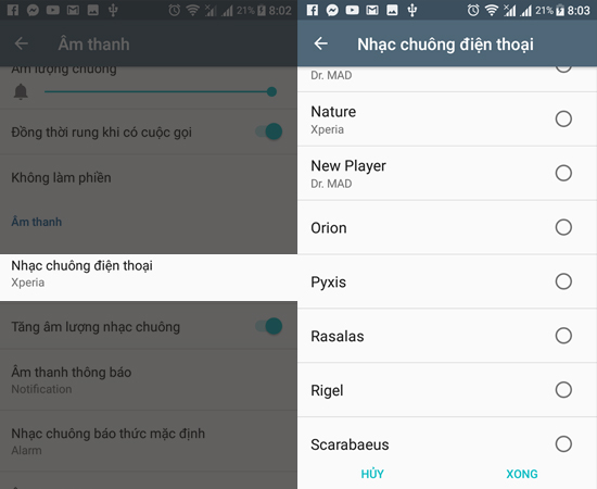 Bước 2: Chọn nhạc chuông điện thoại sau đó chọn nhạc chuông ưa thích