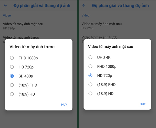 Bước 7: Điều chỉnh độ phân giải Video từ máy ảnh mặt trước và mặt sau.