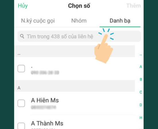 Chọn số cần chặn từ Nhóm, Nhật ký cuộc gọi hoặc Danh bạ.