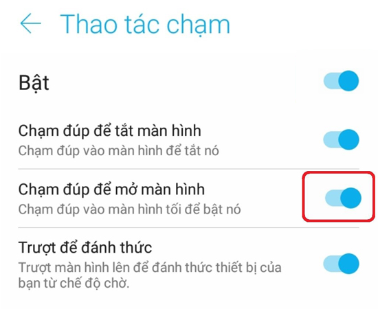 Bước 5: Cuối cùng, hãy bật Chạm đúp để mở màn hình để kích hoạt tính năng này nhé.