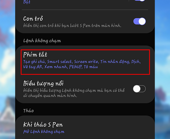 Bước 3: Sau đó các bạn chọn Phím tắt.