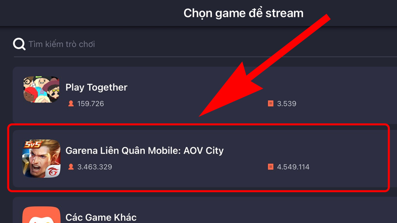 Nhấn chọn vào game muốn live stream