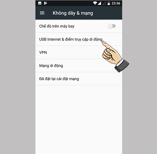 bước 2: Chọn USB internet&điểm truy cập di động