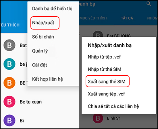 Chọn Nhập/Xuất -> Xuất sang thẻ SIM