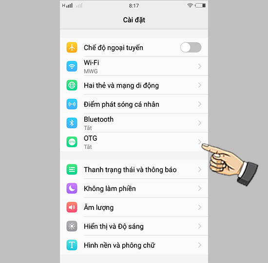 Vào cài đặt chọn OTG.