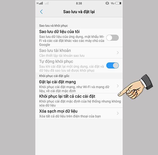 Bước 3: Chọn khôi phục lại tất cả cài đặt.