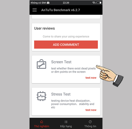 mở lên chọn Sreen test
