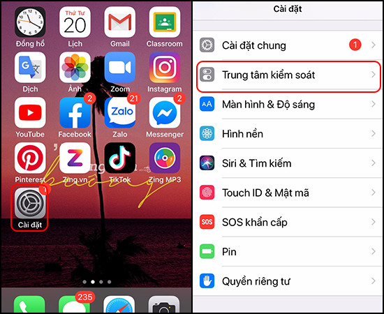 Vào Trung tâm kiểm soát trong Cài đặt