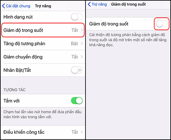 Tắt Giảm độ trong suốt