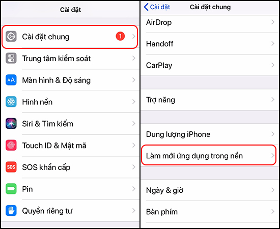 Chọn Làm mới ứng dụng nền trong Cài đặt chung