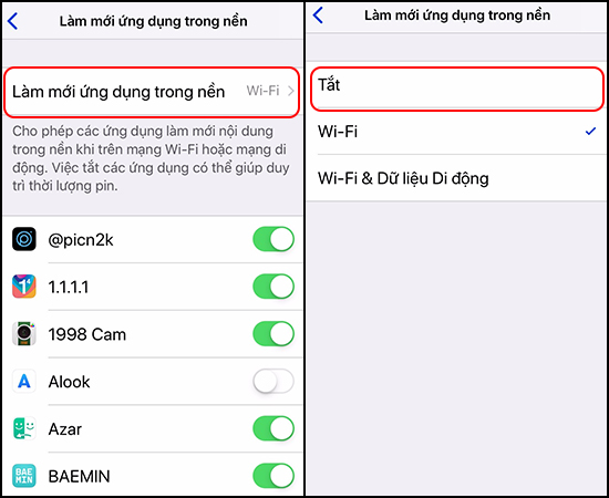 Tắt Làm mới ứng dụng nền