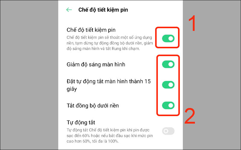 Bật chế độ tiết kiệm pin rồi bật các tùy chọn để tiết kiệm pin