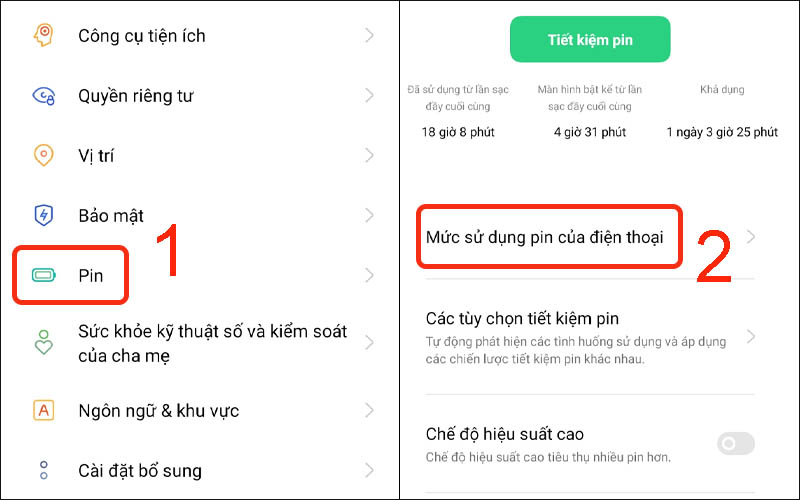 Nhấn vào Mức sử dụng pin của điện thoại trong mục pin