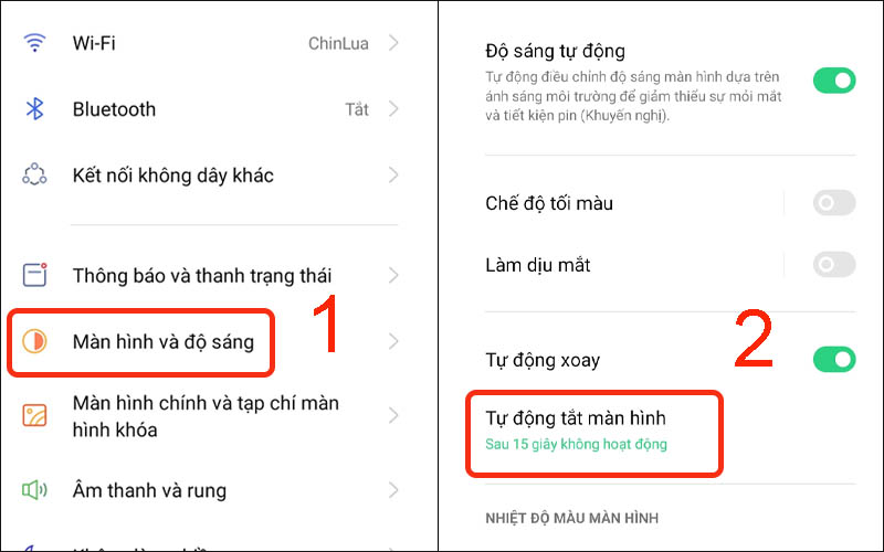 Chọn mục Tự động tắt màn hình trong màn hình và độ sáng