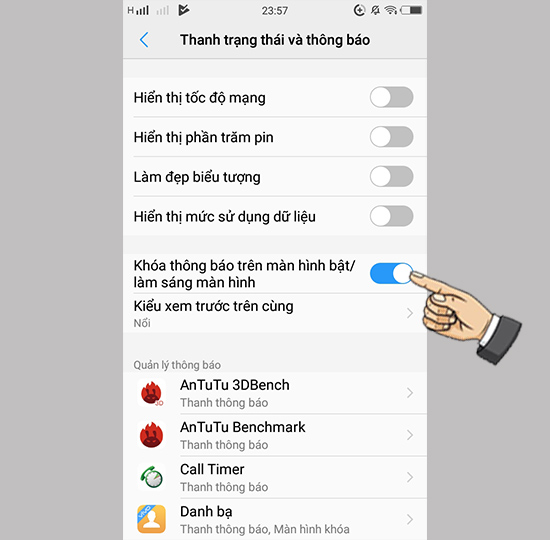 Bật khóa thông báo trên màn hình bật/làm sáng màn hình.