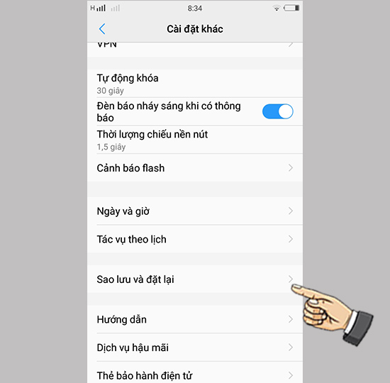 Bước 2: Chọn sao lưu và đặt lại.