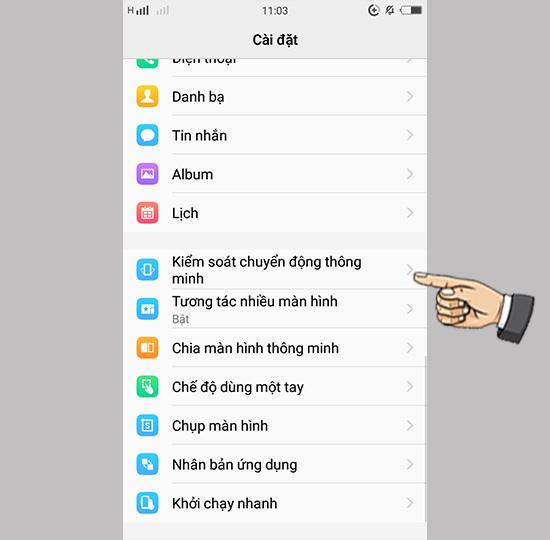 Bước 1: Vào cài đặt chọn kiểm soát chuyển động thông minh.