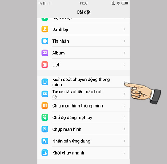 Bước 1: Vào cài đặt chọn kiểm soát chuyển động thông minh.