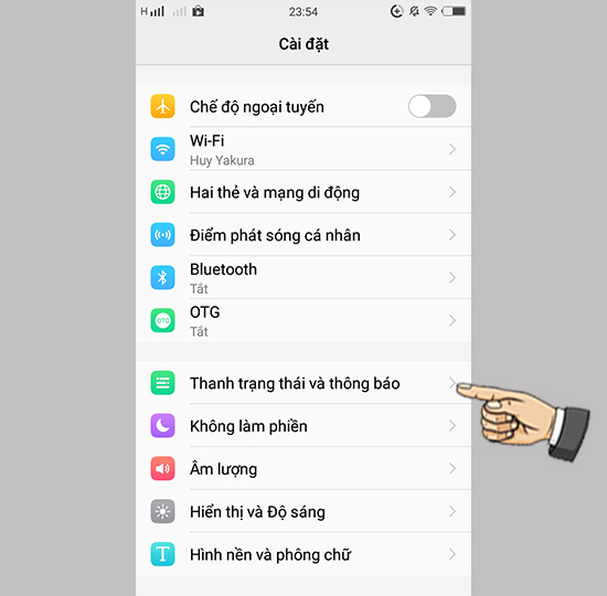 chọn Thanh thông báo và trạng thái