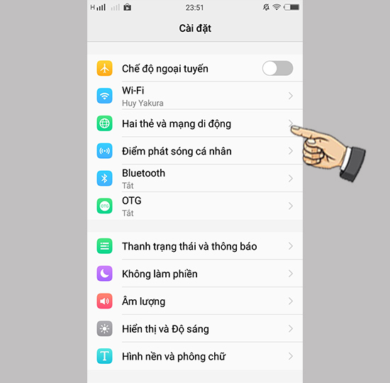 Bước 1: Vào cài đặt chọn hai thẻ sim và mạng di động.