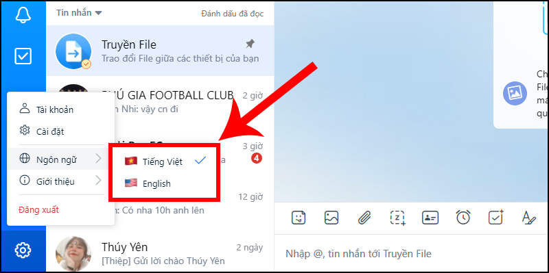 Để thay đổi ngôn ngữ sử dụng, bạn chọn mục Ngôn ngữ > Chọn ngôn ngữ bạn muốn sử dụng.
