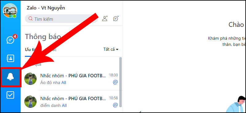 Để xem lại các thông báo về tin nhắn bạn được tag tên, bạn chọn mục Chuông thông báo.